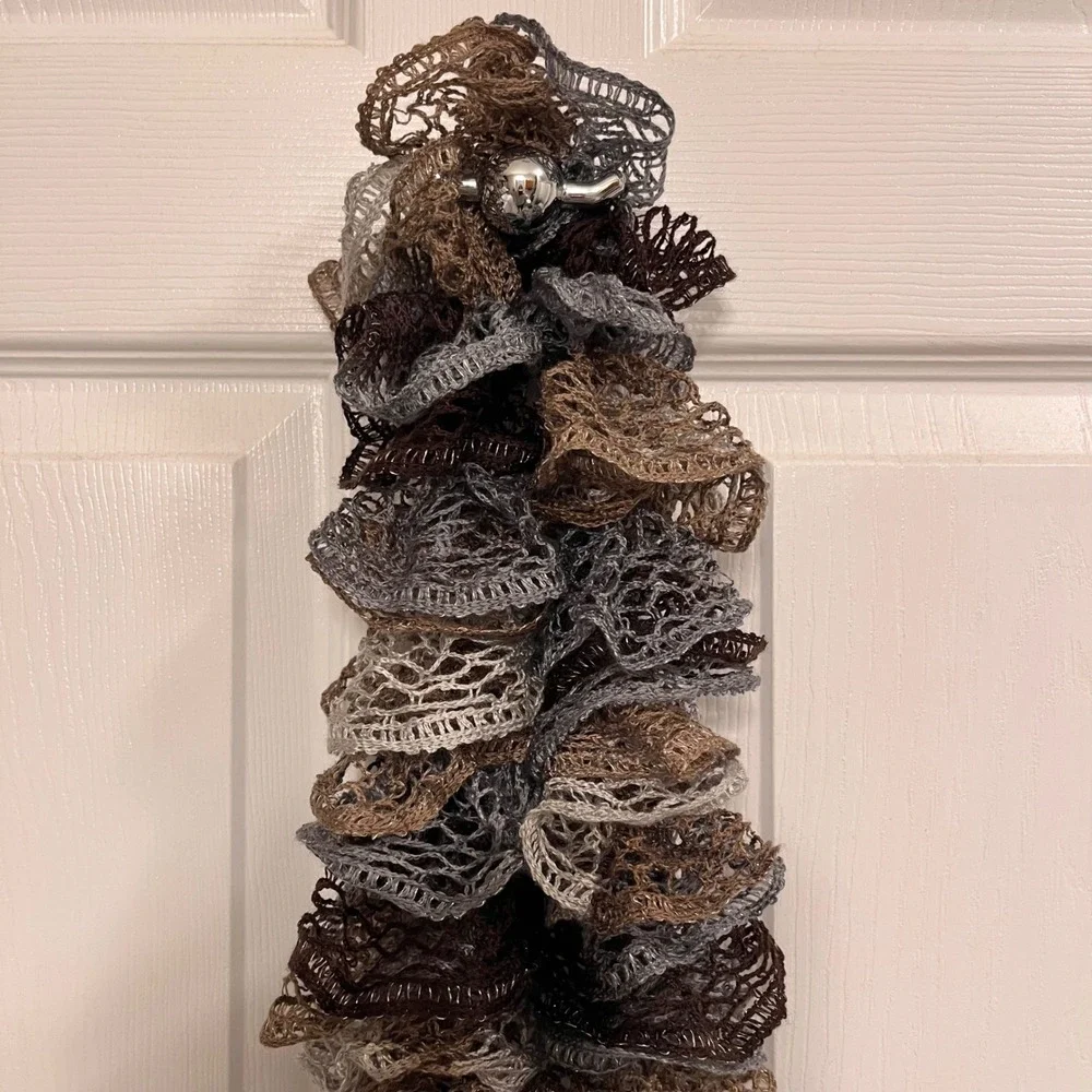 Ruffle Sashay Scarf Brown Grey Metallic Mesh Knit Lace Boa Spiral